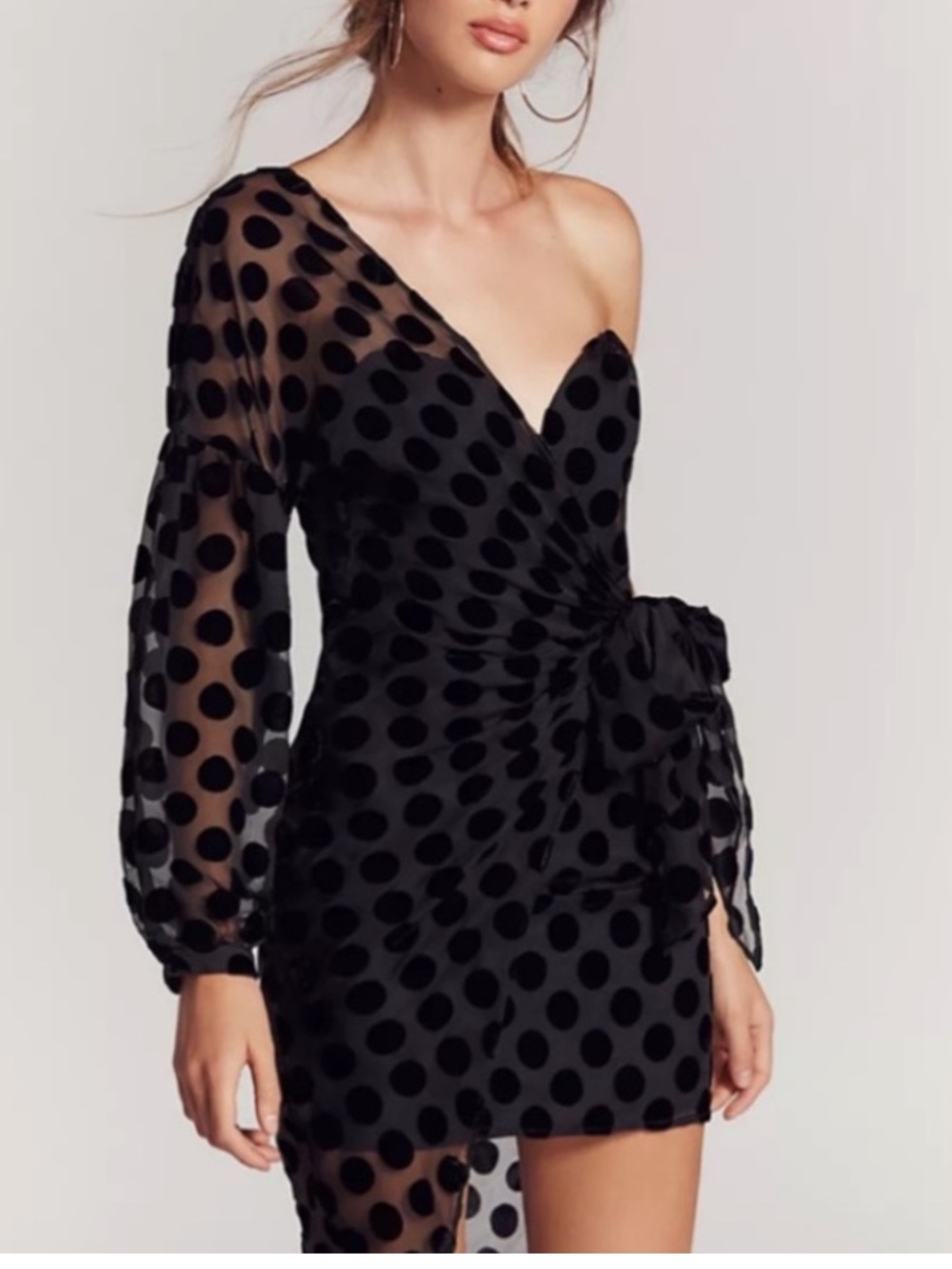 Free People Black One-Shoulder Polka Dot Wrap Dress